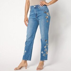 Driftwood Royce Straight Leg Jeans Indigo Detached Floral Embroidery Medium Wash